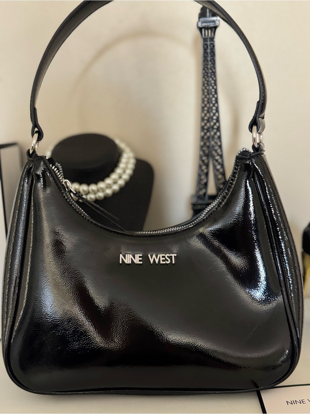 Nine West Black Patent Shoulder Bag with Silver Logo